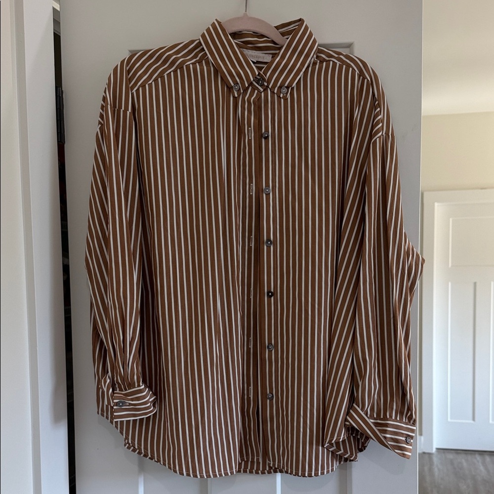 Olivaceous Brown and White Striped Woman’s Button Down Shirt